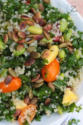 closeup of Kale Quinoa Salad in a white bowl with tomatoes, quinoa, mangos and pumpkin seeds in a white bowl