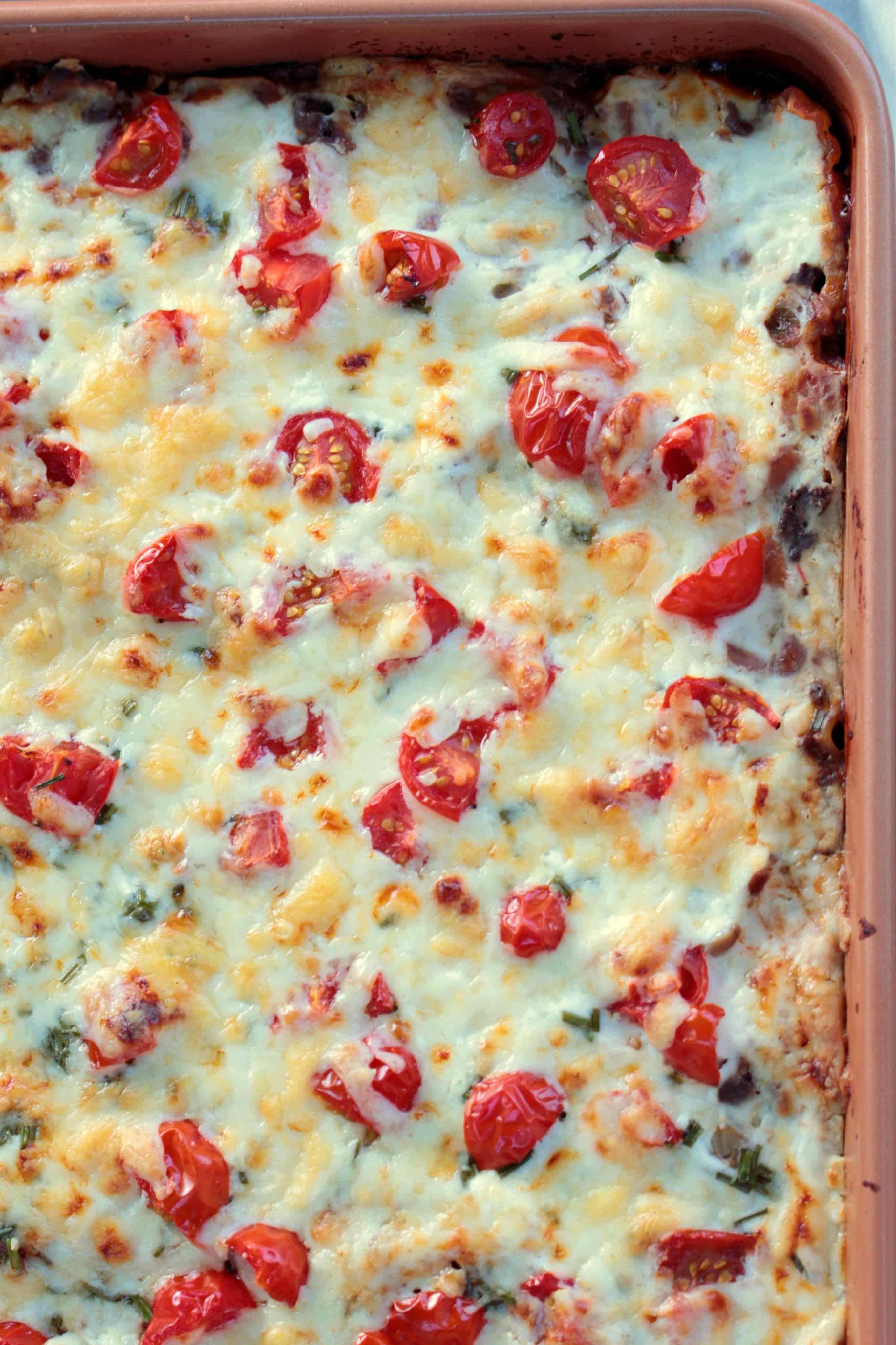 overhead view of Mexican Lasagna in the baking pan