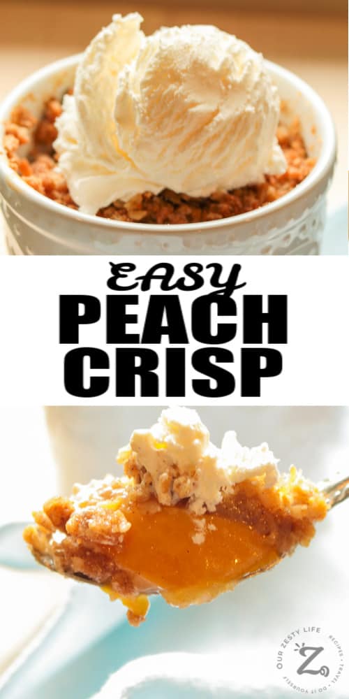 ramekin of peach crisp with ice cream, close-up of peach crisp on a spoon