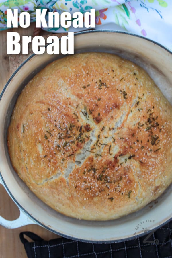 Easy no knead bread in a white dutch oven