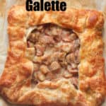 baked square rhubarb galette, like rhubarb pie, on a cookie sheet with parchment paper