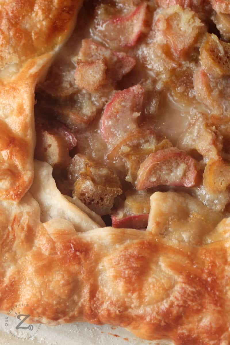 close up of baked rhubarb galette (easy rhubarb pie on puff pastry)