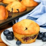 a blueberry corn muffin and fresh blueberries on a white plate with blueberries, a blue checked towel, and a pan of baked blueberry cornbread muffins in the background