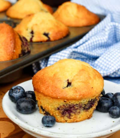 a blueberry corn muffin and fresh blueberries on a white plate with blueberries, a blue checked towel, and a pan of baked blueberry cornbread muffins in the background