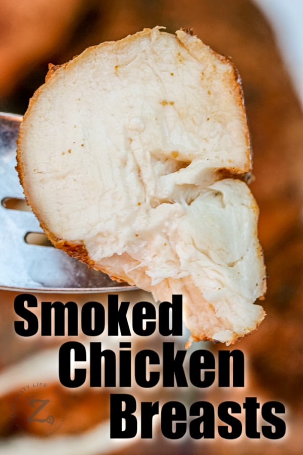 closeup of a juicy slice of smoked chicken breast on a fork