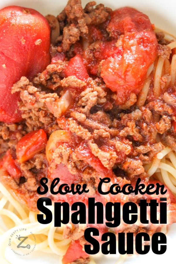 Close up of slow cooker spaghetti sauce served on spaghetti pasta