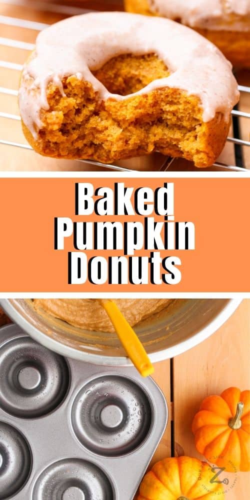 a baked pumpkin donut with bites out of its; mixing bowl with pumpkin spice donut batter, a donut pan, and mini pumpkins