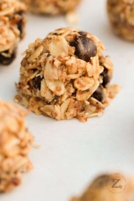 close up of chocolate chip peanut butter energy balls