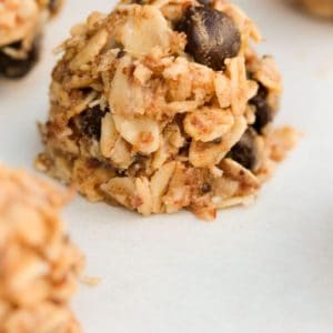 close up of chocolate chip peanut butter energy balls