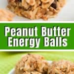 close up of peanut butter energy ball, small white plate with three peanut butter energy bites