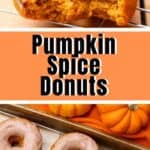 Pumpkin Spice Donuts on a baking tray, pumpkin spice donut with glaze with a bite out of it