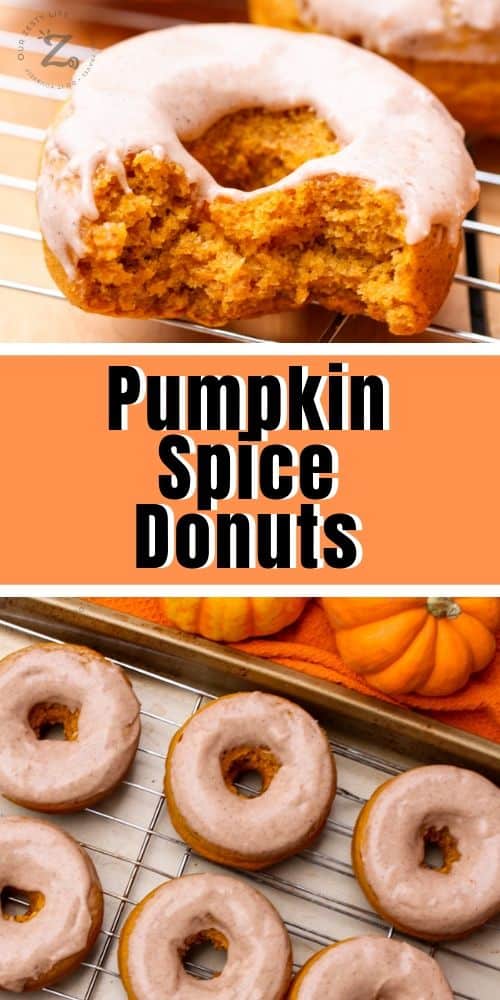 pumpkin spice donut with two bites taken out; a few pumpkin spice donuts with pumpkin spice glaze on a cooling rack with pumpkins in the background