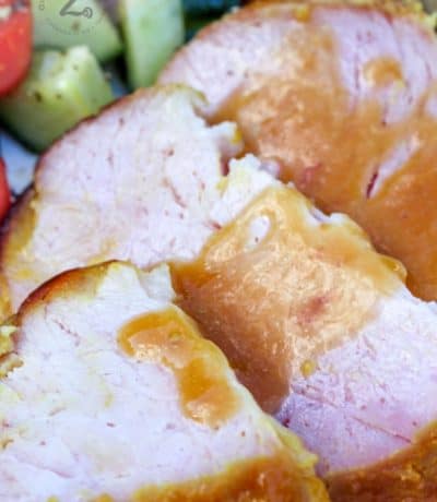 close up of oven baked ham with pineapple glaze