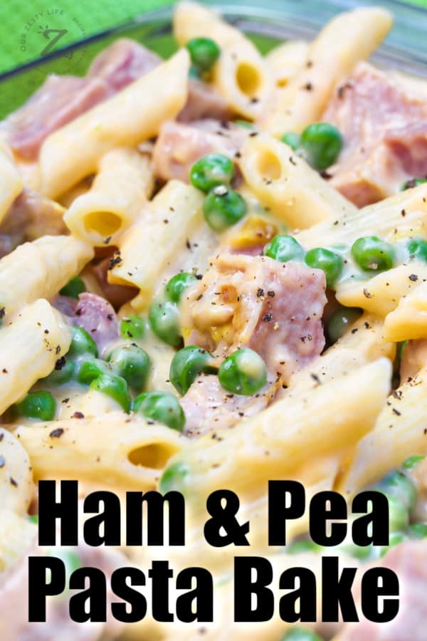 Close up of ham and pea pasta bake