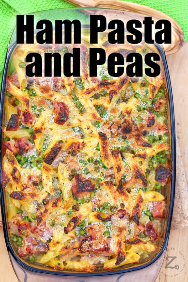 ham and pea pasta bake in a casserole - overhead view