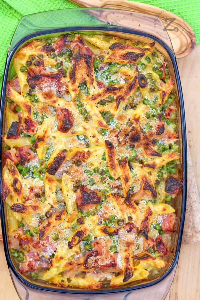 ham and pea pasta bake in a casserole - overhead view.