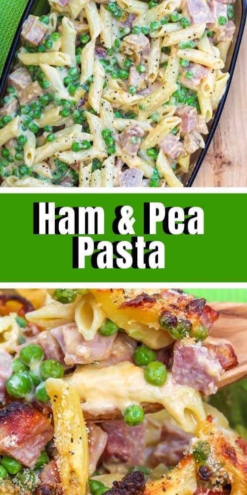 ham and pea pasta bake in a casserole dish and a spoon scooping pasta out of the dish