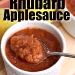 Instant Pot Rhubarb Applesauce in a white dish with a spoon