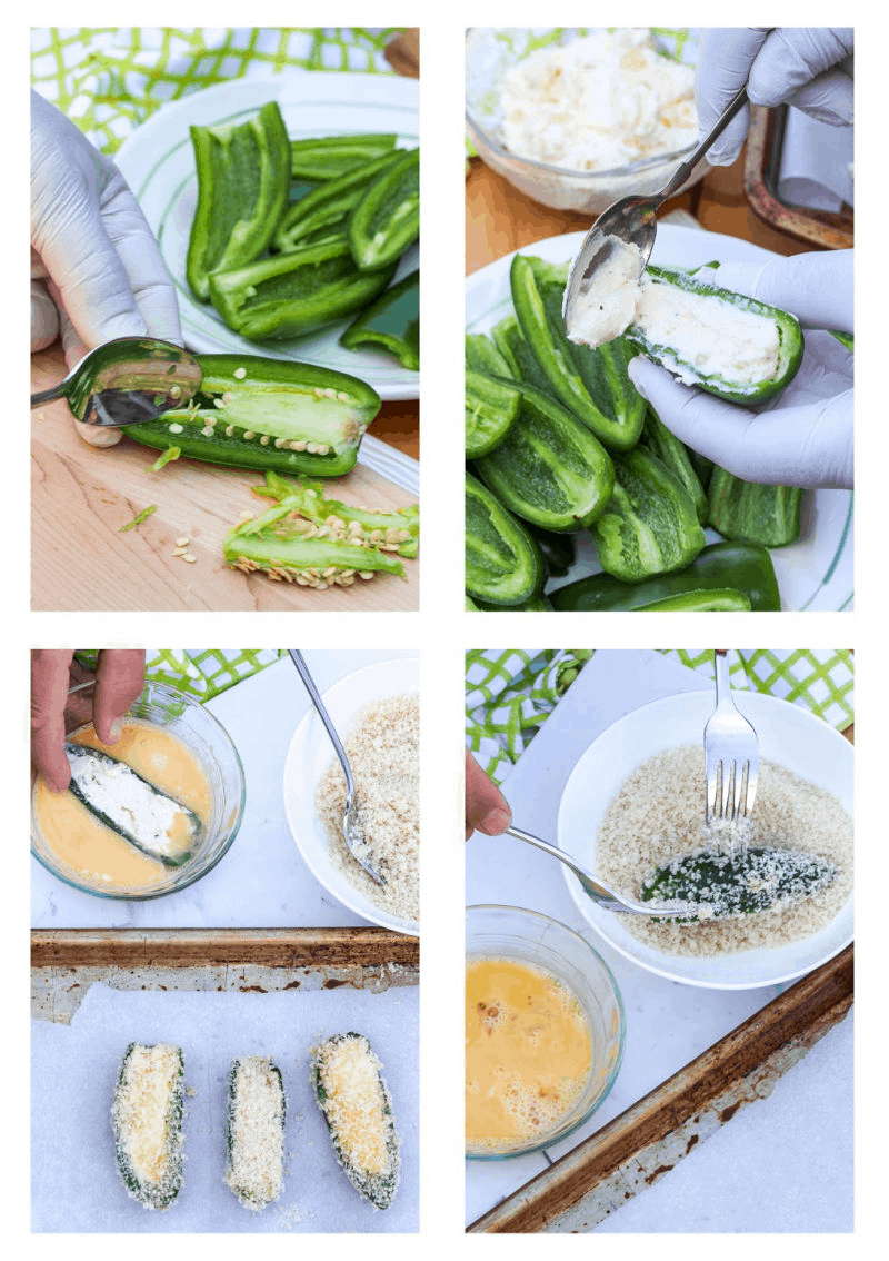 removing seeds and membranes from jalapeno halves, spooning jalapeno popper cheese filling into a jalapeno half, dipping an easy jalapeno popper in beaten egg, tossing a homemade jalapeno popper in panko breadcrumbs