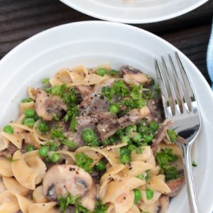 Simple Beef Stroganoff in a white bowl with a fork