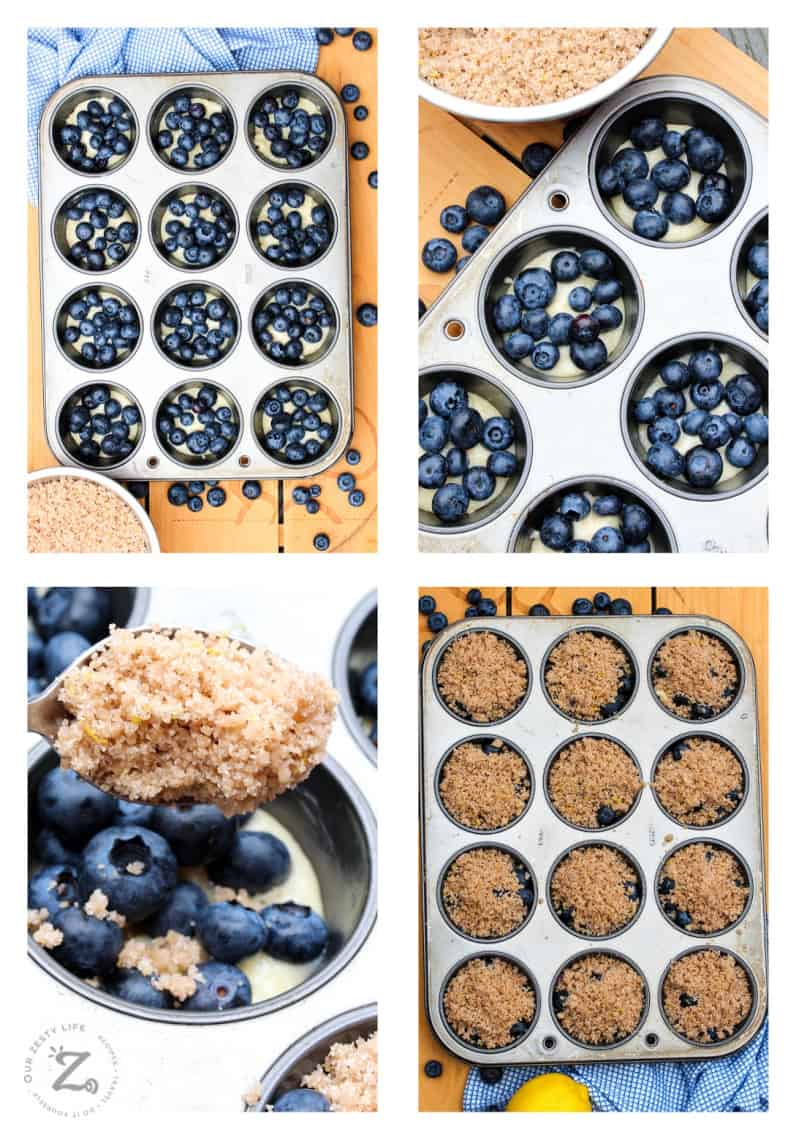 A four photo process shot of the making of blueberry muffins with crumb topping: sprinkle blueberries on the batter, add streusel topping on top of the blueberries