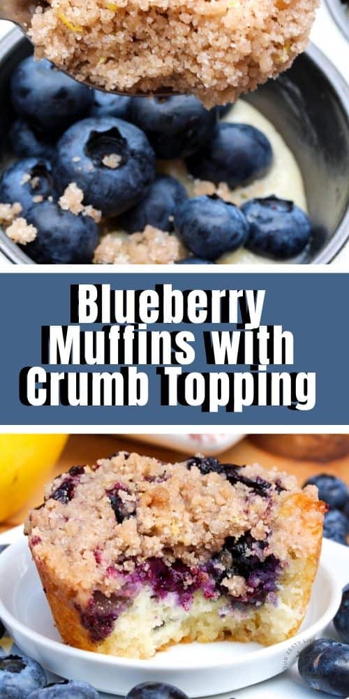 Two pictures on with the crumble added to the blueberries before baking and the other is a close up of half of a blueberry buckle muffin on a plate