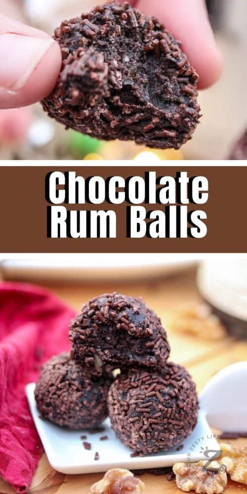 top photo is a close up of half of a rum balls and the bottom photo is a small white plate of three chocolate rum balls