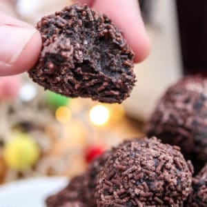 Chocolate rum balls with chocolate sprinkles, one held with a bite out of it