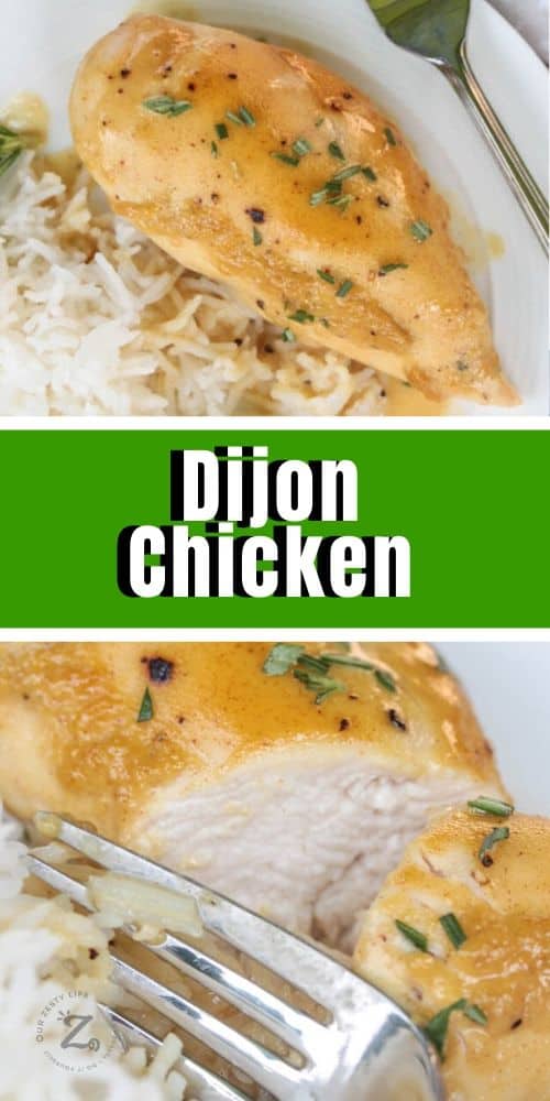 Dijon chicken sliced on a bed of rice and a fork in the foreground and upper photo of Dijon chicken on a white plate with rice and a sprig of rosemary
