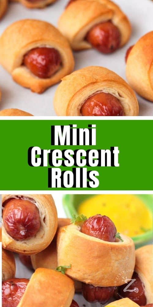 upper picture of 4 mini crescent rolls on a cooking sheet (cooked) and lower picture close up of 5 mini crescent rolls beside some mustard dipping sauce