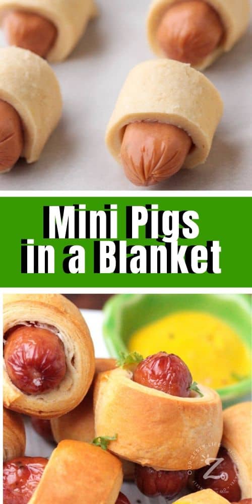 upper picture of 4 mini pigs in a blanket on a cooking sheet (uncooked) and lower picture close up of 5 mini pigs in a blanket beside some mustard dipping sauce
