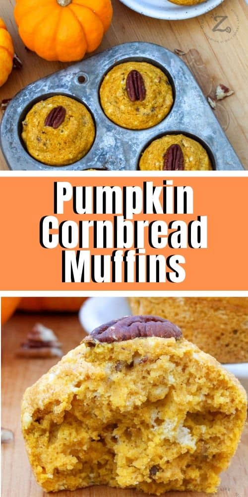 A close up of pumpkin cornbread muffins in a baking tin and another photo of a muffin cut in half