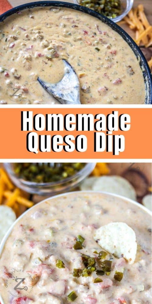 Queso cheese dip in a bowl with a cracker in the middle and finely chopped green chilies on top and homemade quest dip on the stove
