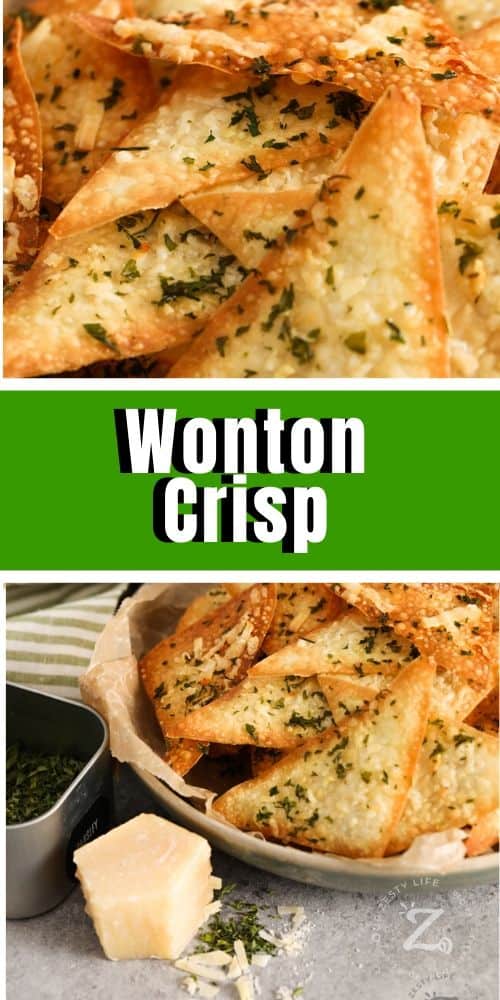 A close up of baked parmesan and parsley wonton crackers, wonton crisps in a bowl with parmesan and parsley on the side