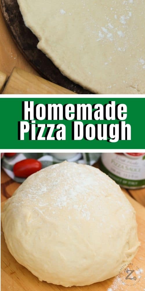 A ball of homemade pizza dough on a rolling board sprinkled with flour, a rolled out pizza dough