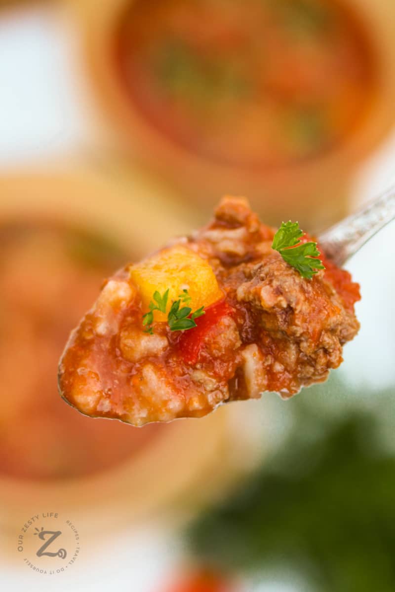 A close up of a spoonful of Instant Pot stuffed pepper soup