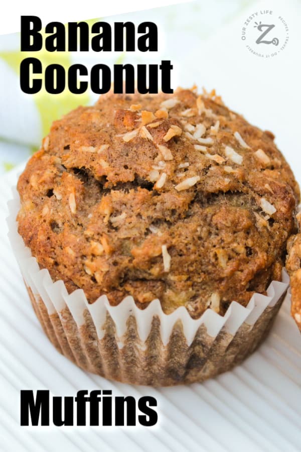 Overhead close up of a coconut banana muffin with coconut on top of the muffin