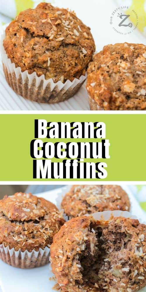 Banana coconut muffins on a white plate, and a banana coconut muffin split open with pineapple banana coconut muffins in the background