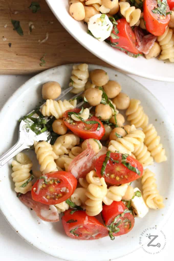 Chickpea Pasta Salad [with bocconcini cheese!] - Our Zesty Life