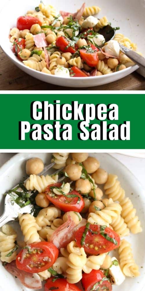 chickpea salad with a spoon inside the bowl, chickpea pasta salad in a serving dish