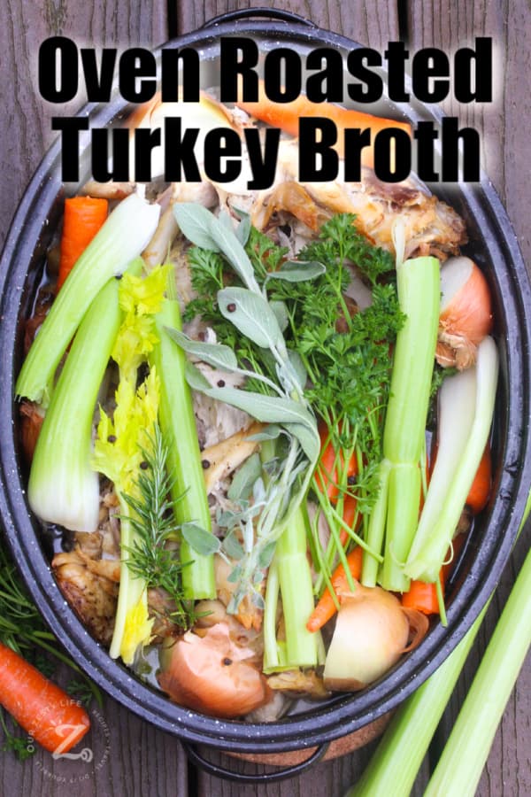 Turkey broth ingredients in a roasting pan - overhead view