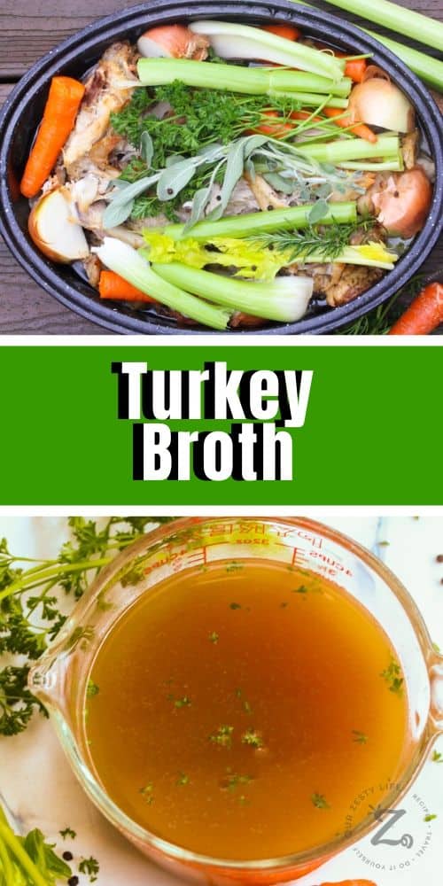 overhead view of turkey bones, vegetables and all the ingredients to make turkey broth, below is a photo of an overhead view of finished turkey broth