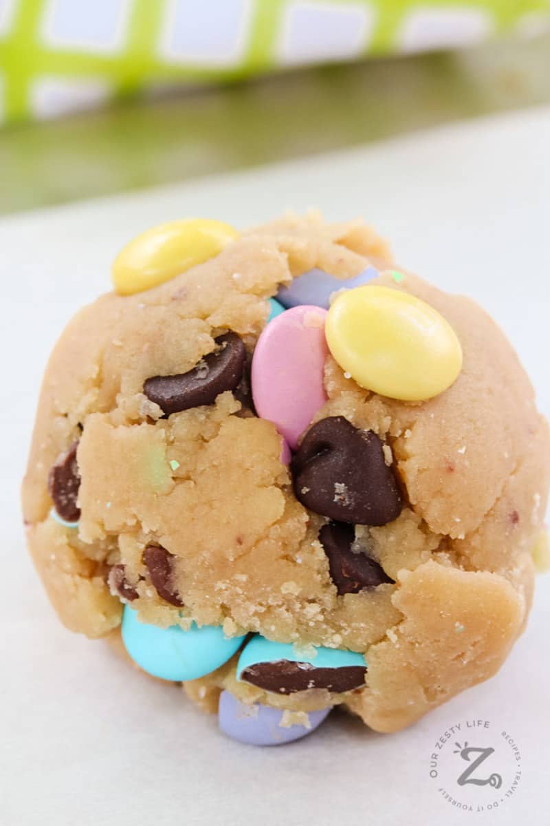 One ball of uncooked M&M cookie
