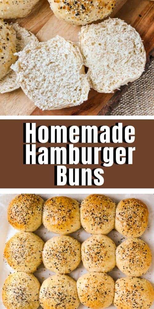 Top image is hamburger bun sliced in half, bottom image is hamburger buns with sesame seeds and a title