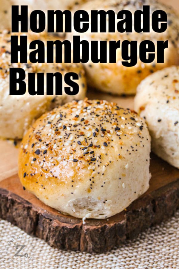 Hamburger Buns on a wooden board with a title