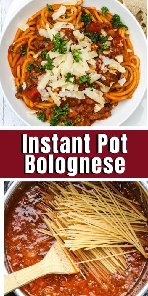 Top image is cooked bolognese with noodles, parm & parsley, bottom image is bolognese with noodles in an instant pot with a title