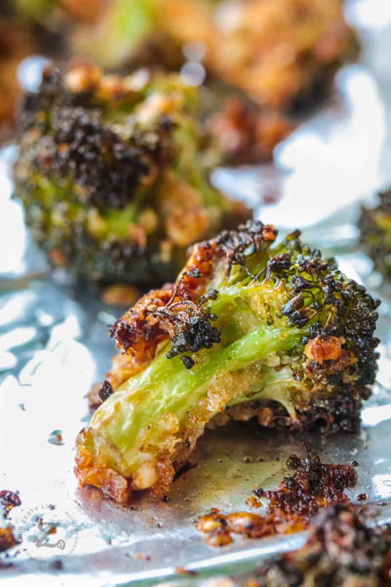 close up of Parmesan Roasted Broccoli on foil