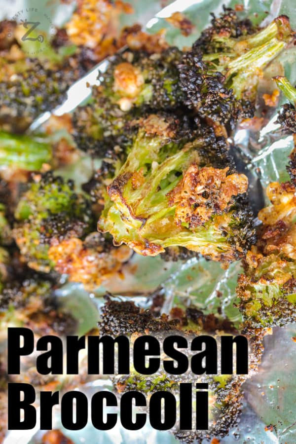 Parmesan Roasted Broccoli with writing