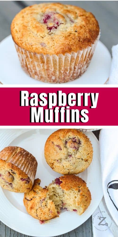 Raspberry Muffins on a white plate with a title