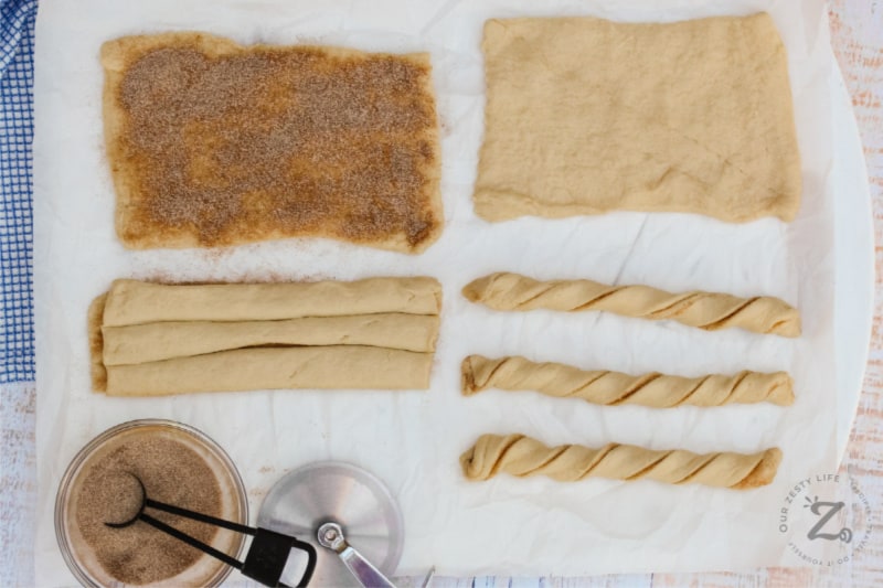 Steps to show how to roll baked churros